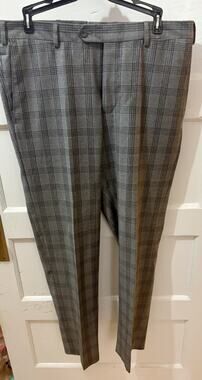 Z21 J Hilburn Wool Pants Men's 34 X 30 Grey Plaid Flat Front Pockets